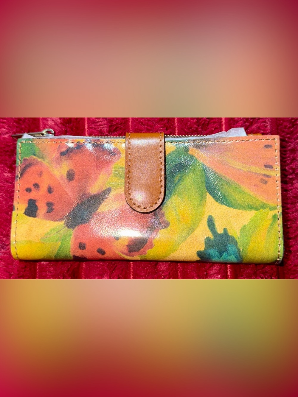 Patricia Nash Butterfly Multicolor Floral Leather Wallet with Tan Tab